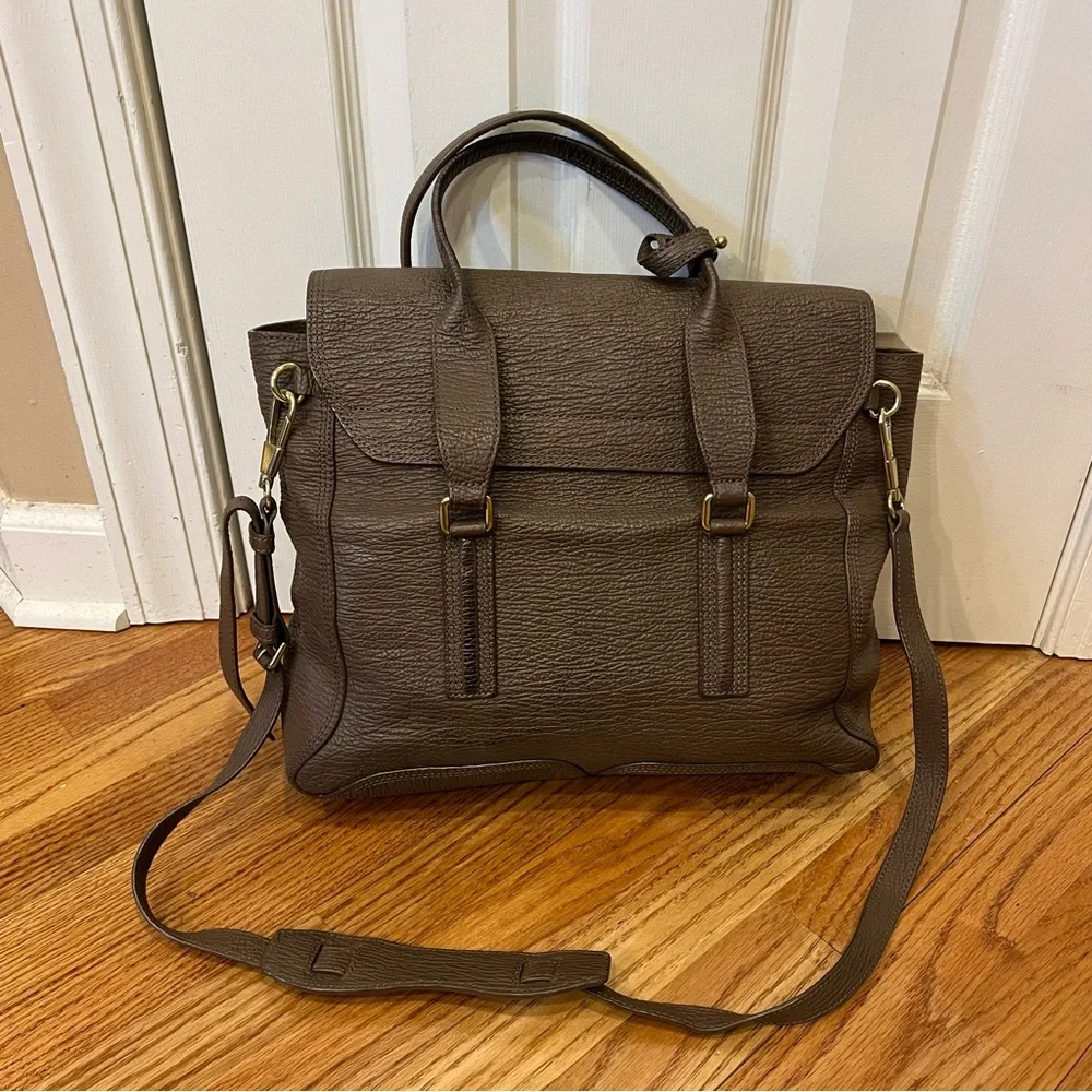 3.1 PHILLIP LIM Brown Taupe Shark Embossed Leather Large Pashli Satchel Bag